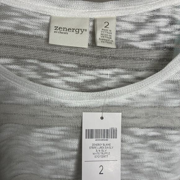 Chicos Zenergy Top NWT Size 2 (L) White Truffle Blaine Stripe Burnout 3/4 Sleeve - Picture 4 of 7